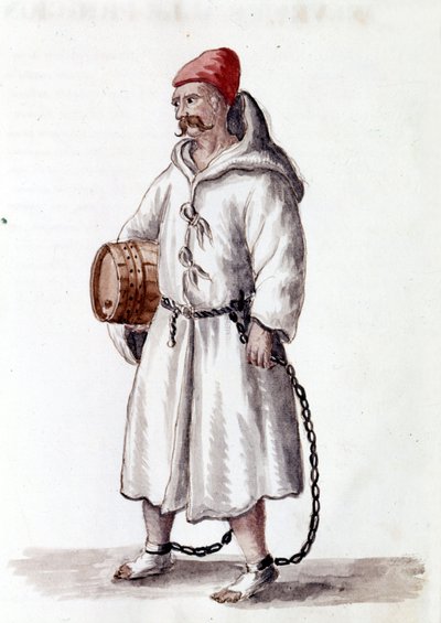 Cable galera. Siglos XVII - XVIII. Dibujo en acuarela y tinta del manuscrito “Costumbres de los venecianos” de Jan van Grevenbroeck (o Giovanni Grevembroch (Grevenbroch) (1731-1807) de Jan van Grevenbroeck