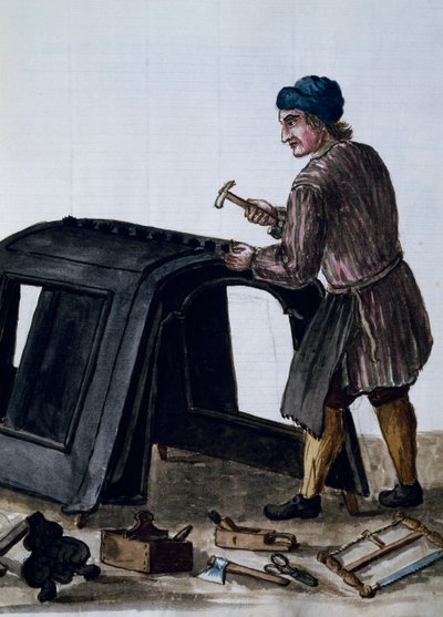 Constructores de góndolas, ilustración del manuscrito Vestimenta de los venecianos de Jan van Grevenbroeck