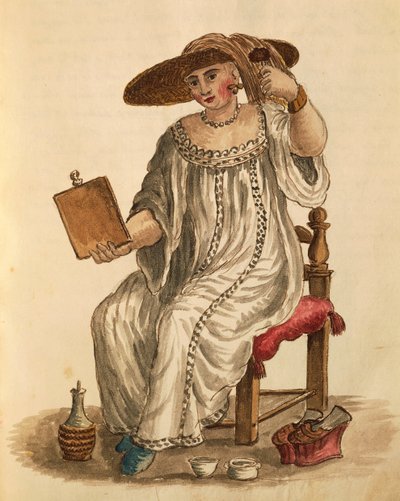 Dama maquillándose, Gli Abiti de Veneziani, de libro ilustrado de trajes de Jan van Grevenbroeck