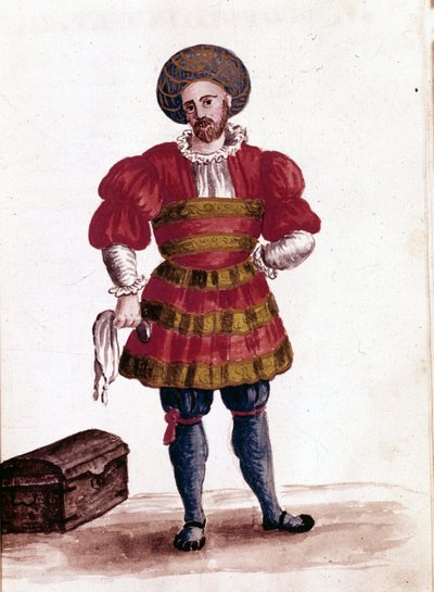 Mercader de Venecia en el siglo XV. Dibujo en acuarela y tinta del manuscrito “Costumbres de los venecianos” de Jan van Grevenbroeck (o Giovanni Grevembroch (Grevenbroch) (1731-1807) de Jan van Grevenbroeck