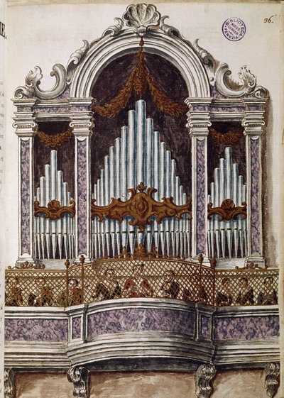 Huérfanos cantando, órgano del coro de la iglesia del Ospedale della Pietà, Venecia. Dibujo en acuarela y tinta del manuscrito "Costumbres de los Venecianos" de Jan van Grevenbroeck de Jan van Grevenbroeck