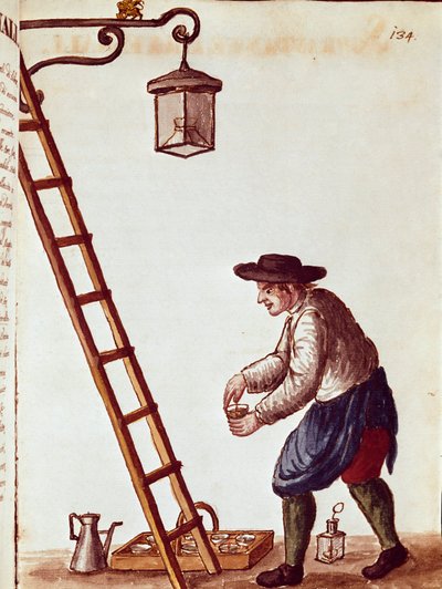 Pequeño oficio: encendiendo lámparas. Acuarela y tinta de un manuscrito de Jan van Grevenbroeck de Jan van Grevenbroeck