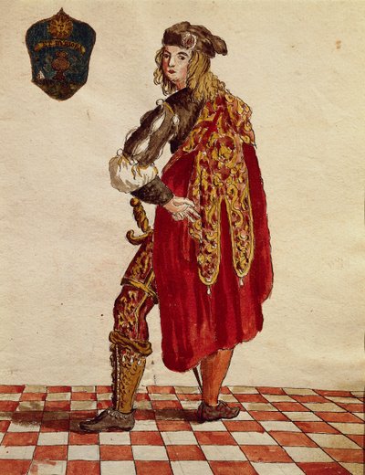 Traje de caballero de la Cofradía de la Calza en 1564, de Gli Abiti de Veneziani, libro ilustrado de trajes, acuarela de Jan van Grevenbroeck