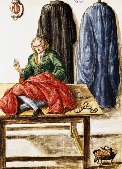 Tienda de sastre, ilustración por Jan van Grevenbroeck del manuscrito Vestimenta de los venecianos, Italia de Jan van Grevenbroeck