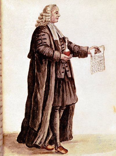 El boticario sosteniendo en sus manos un pequeño frasco y una receta. Acuarela y tinta de un manuscrito de Jan van Grevenbroeck de Jan van Grevenbroeck