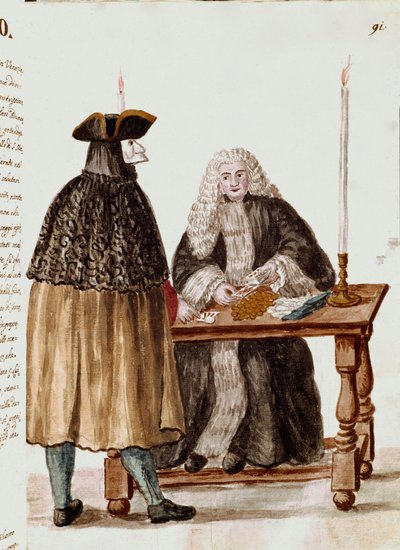 La sala de juegos: un personaje enmascarado frente al crupier sacando cartas, se recogen monedas en la mesa. Dibujo en acuarela y tinta de un manuscrito de Jan van Grevenbroeck (o Giovanni Grevembroch) (1731-1807) de Jan van Grevenbroeck