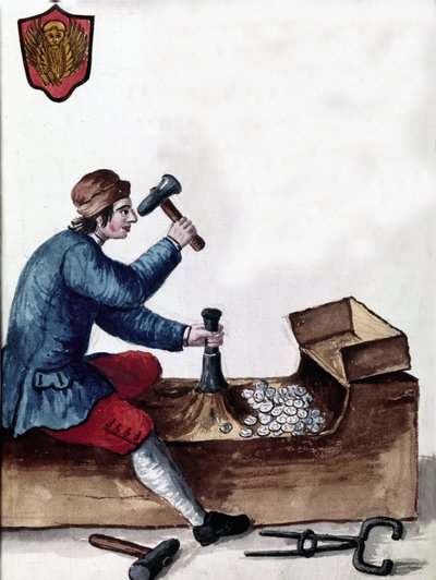 La fabricación de monedas de la República de Venecia: etapa de acuñación. Dibujo en acuarela y tinta del manuscrito "Costumbres de los venecianos" por Jan van Grevenbroeck (o Giovanni Grevembroch) (1731-1807) de Jan van Grevenbroeck