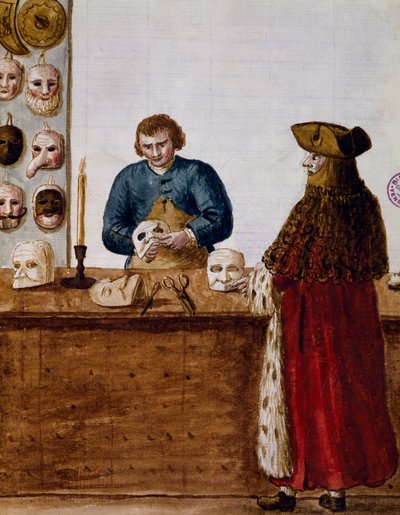 La tienda de máscaras, ilustración del libro ilustrado de trajes venecianos, Italia de Jan van Grevenbroeck