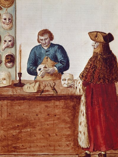 La tienda de máscaras del Carnaval de Venecia: un personaje enmascarado viene a recoger una máscara del artesano. Dibujo en acuarela y tinta de un manuscrito de Jan van Grevenbroeck (o Giovanni Grevembroch) (1731-1807) de Jan van Grevenbroeck