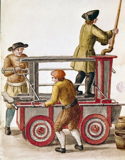 Uso de una bomba de agua o bomba hidráulica. Acuarela y tinta de un manuscrito de Jan van Grevenbroeck de Jan van Grevenbroeck