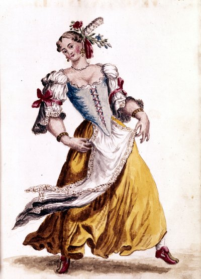 Baile veneciano. Dibujo en acuarela y tinta del manuscrito “Costumbres de los venecianos” por Jan van Grevenbroeck (o Giovanni Grevembroch) (1731-1807) de Jan van Grevenbroeck