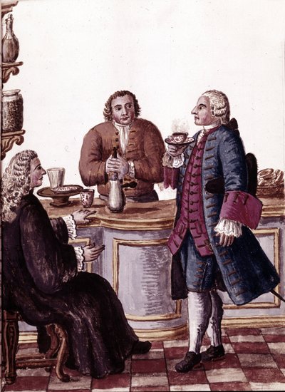 Nobles venecianos tomando café, uno de ellos disfrutando de un chocolate. Dibujo en acuarela y tinta del manuscrito “Costumbres de los Venecianos” de Jan van Grevenbroeck (o Giovanni Grevembroch) de Jan van Grevenbroeck