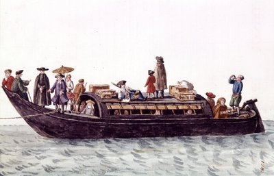 Barco de la laguna de Venecia para transporte de personas y mercancías. Dibujo en acuarela y tinta del manuscrito 