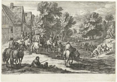 Vista de un pueblo con jinetes en primer plano de Jan van Huchtenburg
