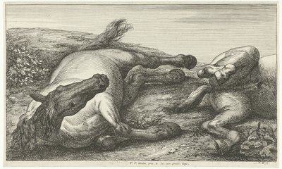 Dos caballos caídos, el izquierdo visto de frente Caballos muertos (título de la serie) de Jan van Huchtenburg