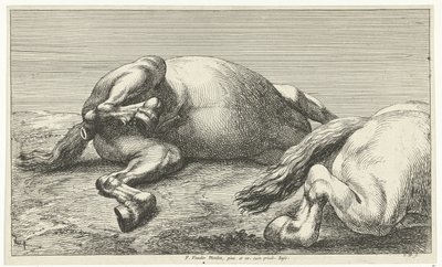 Dos caballos caídos, el derecho visto de lado Caballos muertos (título de la serie) de Jan van Huchtenburg
