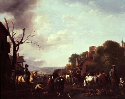 Jinetes y viajeros detenidos en un pueblo de Jan van Huchtenburgh