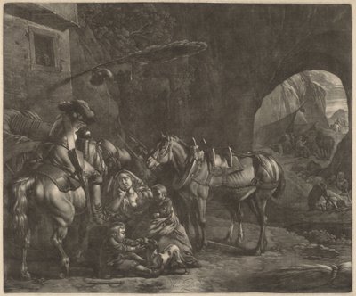 Madre con dos niños y un caballo frente a una posada de Jan van Huchtenburgh