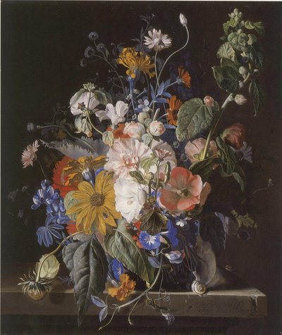 Bodegón de flores y caracoles en una repisa de piedra de Jan van Huysum