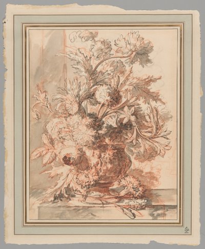 Flores en una urna decorada con Putti, sobre un zócalo de Jan van Huysum