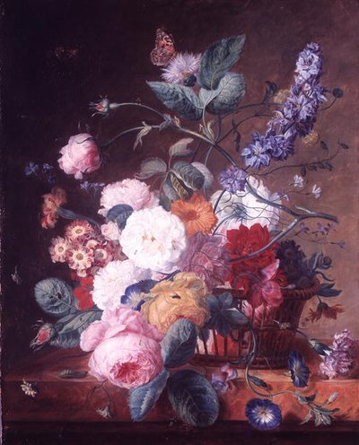 Rosas, dalia, delphinium y otras flores en una canasta sobre un borde de mármol de Jan van Huysum
