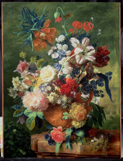 Naturaleza muerta de flores y un nido de pájaros en un pedestal de Jan van Huysum