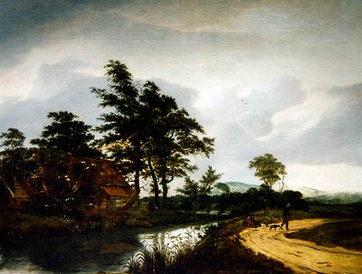 Un Paisaje Fluvial con una Cabaña, Dos Campesinos y su Perro de Jan van III Kessel