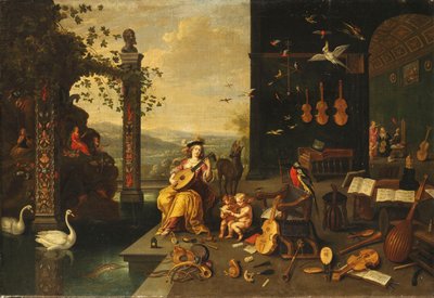 Personificación de la música: una joven tocando un laúd en una terraza frente a una galería abierta de Jan van Kessel