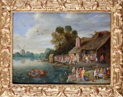 Paisaje fluvial con nobles en una posada de pueblo de Jan van Kessel