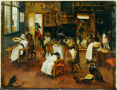 Una Singerie: Monos barberos sirviendo a gatos de Jan van Kessel