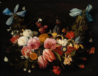 Guirnalda de rosas, tulipanes, dalias y otras flores de Jan van Kessel