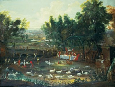 Una fiesta campestre de zorros y cisnes de Jan van Kessel