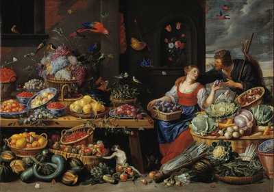 Mercado de frutas y verduras con una joven vendedora de frutas de Jan van Kessel d.Æ.