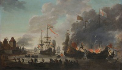 Los holandeses quemando barcos ingleses durante la incursión holandesa en el Medway, 20 de junio de 1667 de Jan van Leyden