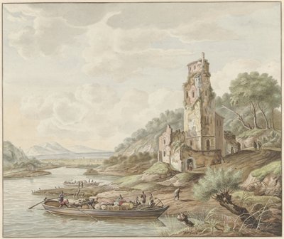 Paisaje con una barcaza con mercancías en un castillo de Jan van Lockhorst