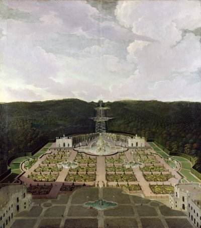 Vista desde el jardín y la gruta al pie de las cascadas hasta el octágono, después de 1716 de Jan van Nickelen