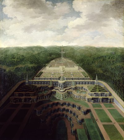 Vista del complejo de Karlsberg desde las cascadas y jardines hasta el octágono, después de 1716 de Jan van Nickelen