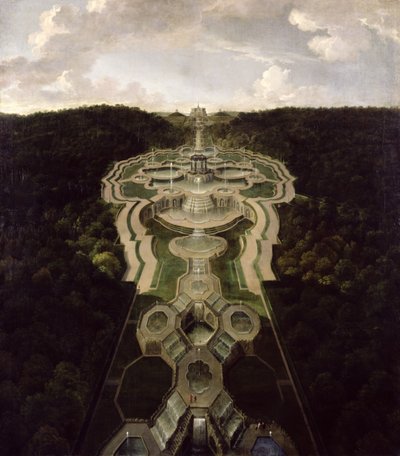 Vista sobre la gran plaza con templo al comienzo del segundo tercio de las cascadas hasta el octágono, después de 1716 de Jan van Nickelen
