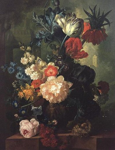 Rosas, tulipanes, claveles y otras flores en una urna esculpida de Jan van Os