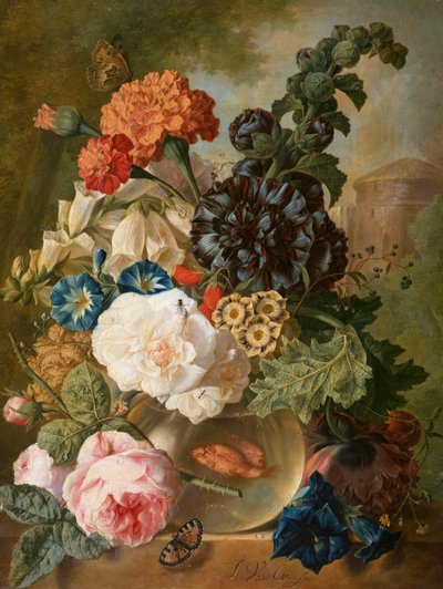 Rosas, Crisantemos, Peonías y Otras Flores en un Florero de Vidrio con Peces Dorados en un Saliente de Piedra de Jan van Os