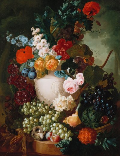 Rosas, Amapolas y Otras Flores en un Florero Esculpido con Frutas, un Ratón y un Nido de Pájaros en un Saliente de Piedra de Jan van Os