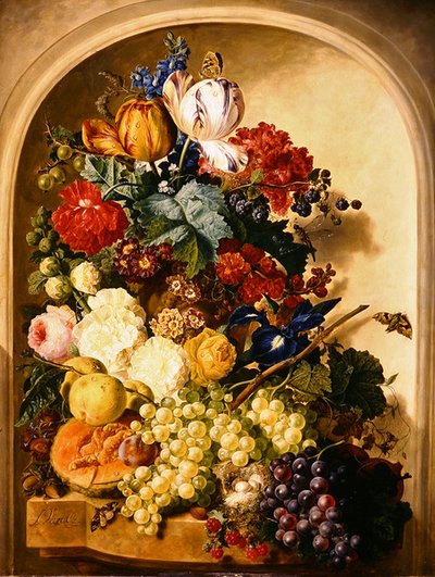 Naturaleza muerta: flores y frutas (óleo sobre tabla) de Jan van Os