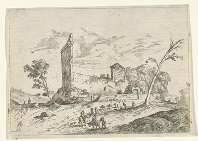 Paisaje con ruinas romanas y pastores de burros de Jan van Ossenbeeck (attributed to)