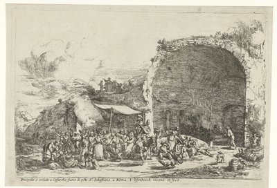 Fiestas en las ruinas de la cueva de la ninfa Egeria Prospetto e veduto a Cafarelle fuoro di porte S. Sebastiano, a Roma (título sobre objeto) de Jan van Ossenbeeck