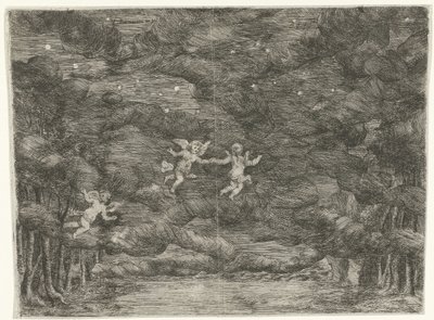 Decoración escénica con ángeles en el cielo nocturno. de Jan van Ossenbeeck