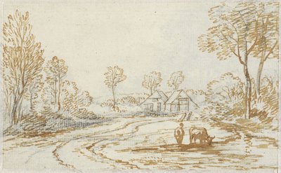 Paisaje con pastores y ganado, con dos casas al fondo de Jan van Ravenswaay