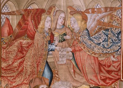 Tapiz flamenco. Serie Episodios de la vida de la Virgen; Presentación en el Templo. Segundo tapiz de la serie. Modelos atribuidos a Jan van Roome (o van Brussel). Fabricación Pieter van Aelst, Bruselas. Hacia 1502-1504. de Jan van Roome