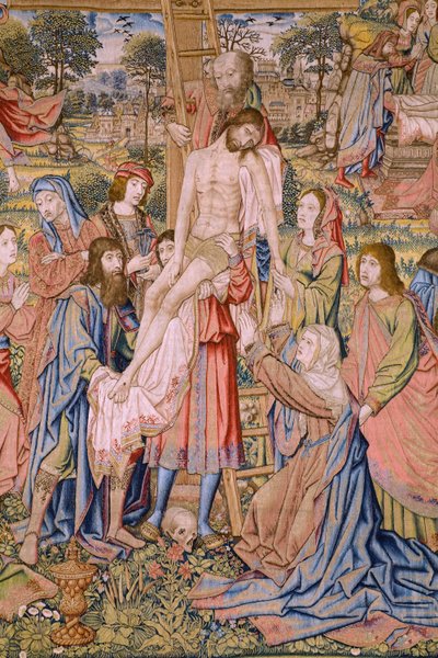 Tapices flamencos. Serie La pasión de Cristo: Descenso de la cruz (Kruisafneming, Descendimiento de la cruz). Fabricación Pieter van Aelst. Dibujante Jan van Roome. Hacia 1507-1520. Detalle. de Jan van Roome