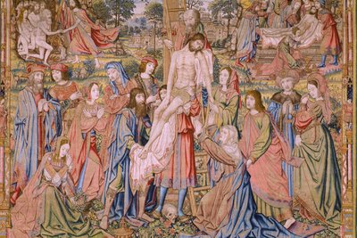 Tapices flamencos. Serie La pasión de Cristo: Descenso de la cruz (Kruisafneming, Descendimiento de la cruz). Fabricación Pieter van Aelst. Dibujante Jan van Roome. Hacia 1507-1520. Detalle. de Jan van Roome