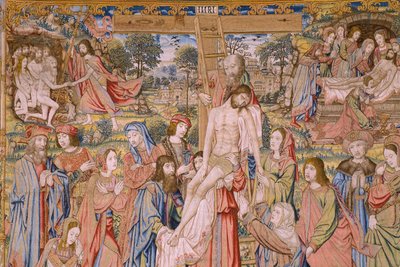 Tapices flamencos. Serie La pasión de Cristo: Descenso de la cruz (Kruisafneming, Descendimiento de la cruz). Fabricación Pieter van Aelst. Dibujante Jan van Roome. Hacia 1507-1520. Detalle. de Jan van Roome